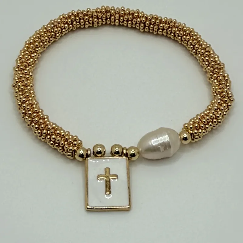 Pulsera de bolas con cruz nacarada