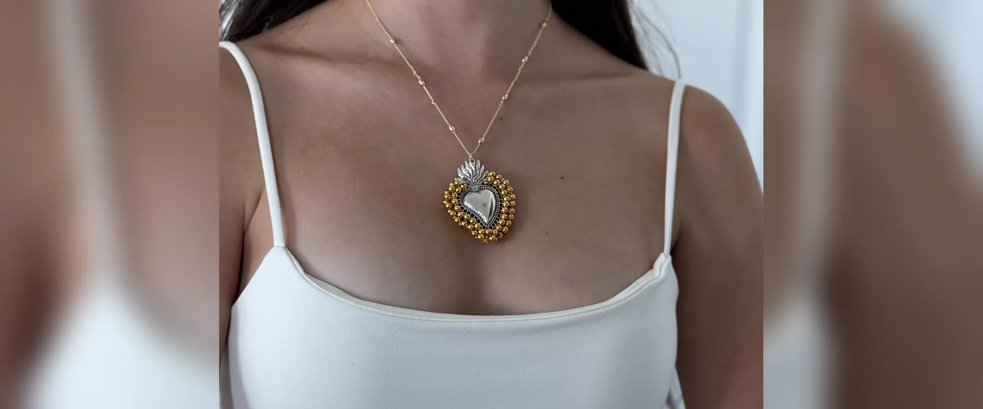 Sacred Heart necklace with gold bead frame